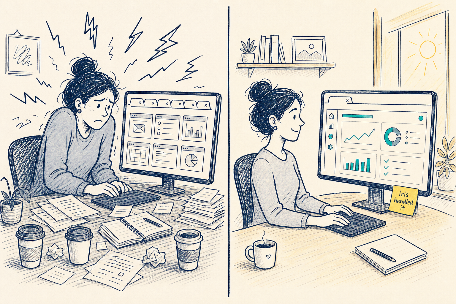 Split-screen illustration of Maya at her desk: messy Tuesday morning on the left, calm operator dashboard on the right